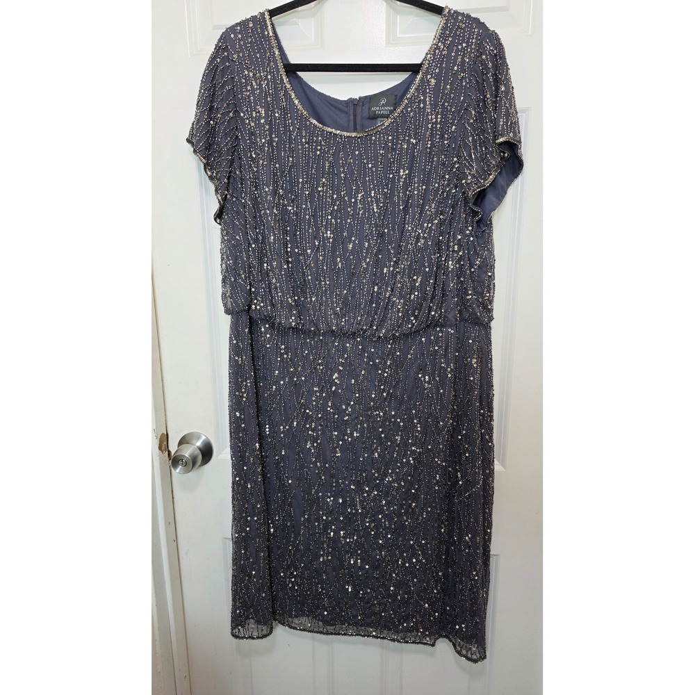 Adrianna‎ Papell Beaded Dress Womens 22W Blue Grey Sequin Cocktail Formal Gown
